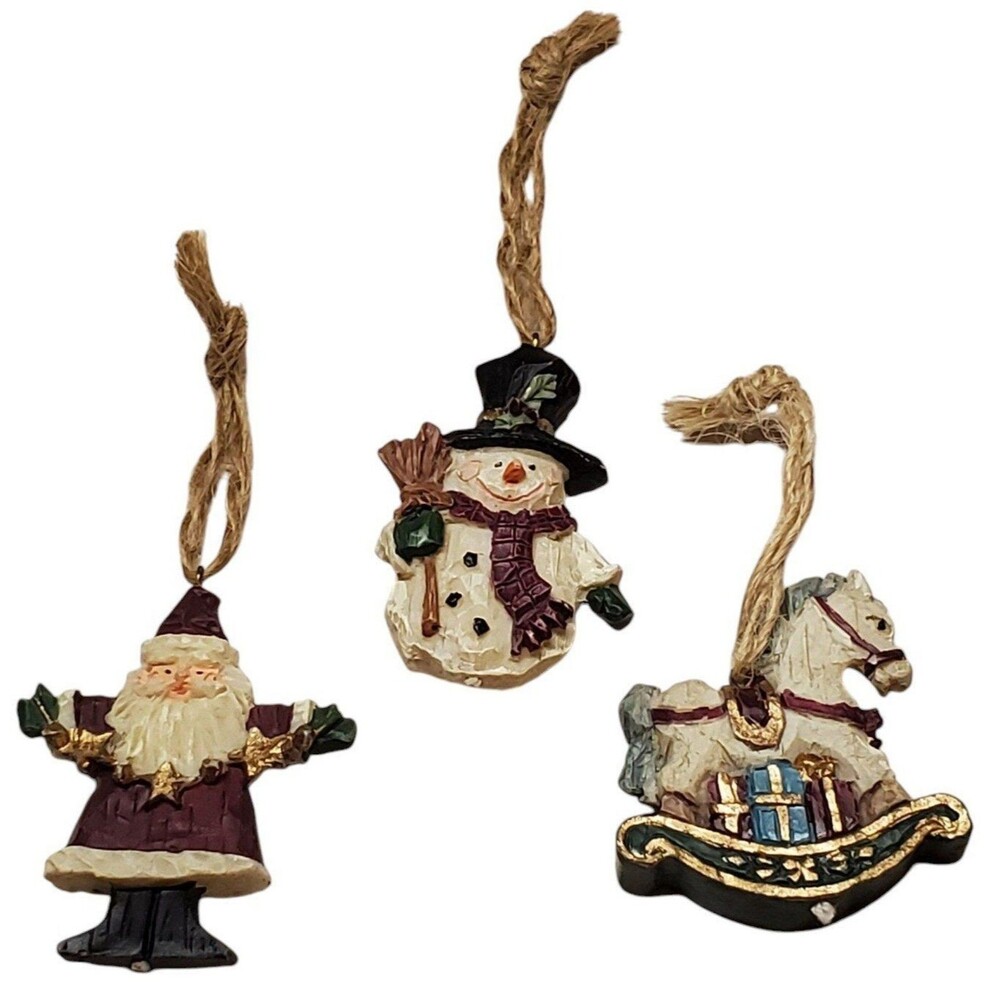Set Of Three Resin Christmas Ornaments Santa Rocking Horse And Snowman Jute